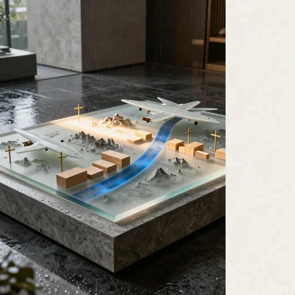 Maquette stratégique en verre dépoli, bois blanchi et laiton sous une lumière de pluie du soir.