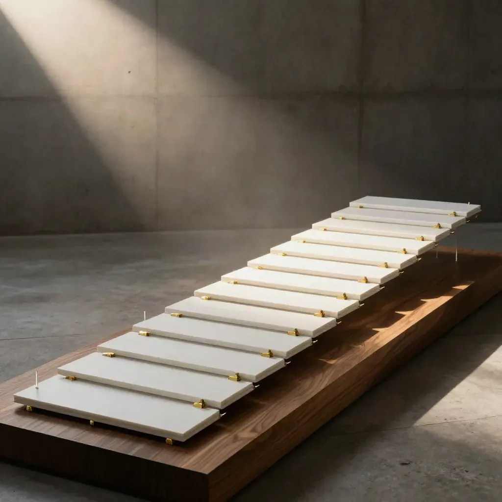 Dalles blanches en escalier avec entretoises laiton sur un socle sombre