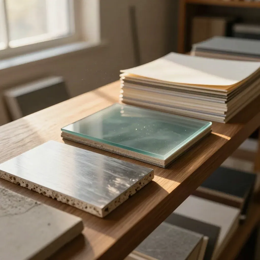Étagère diagonale de matières de veille : céramique, métal brossé, verre fumé et papier coton.