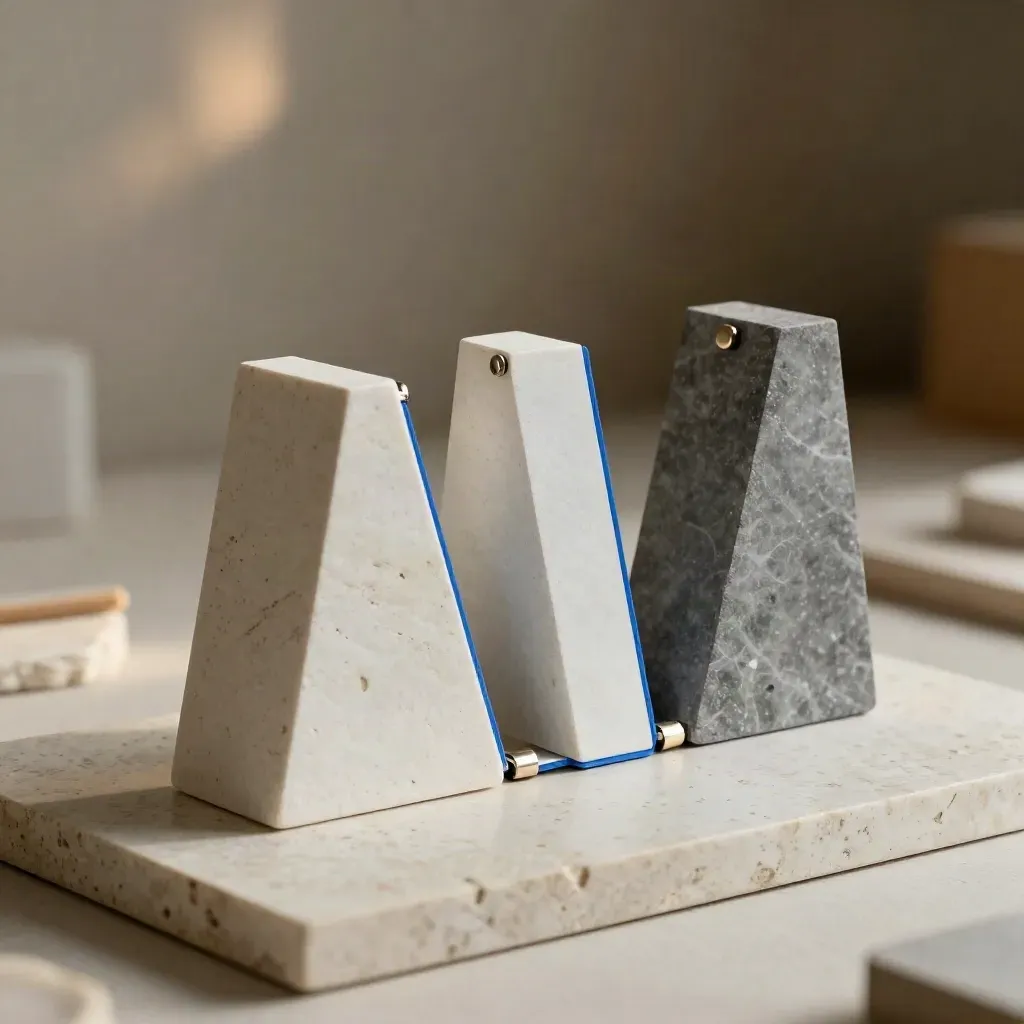 Trois maquettes de scénarios en carton minéral se séparent sur une base en travertin, vue très basse.