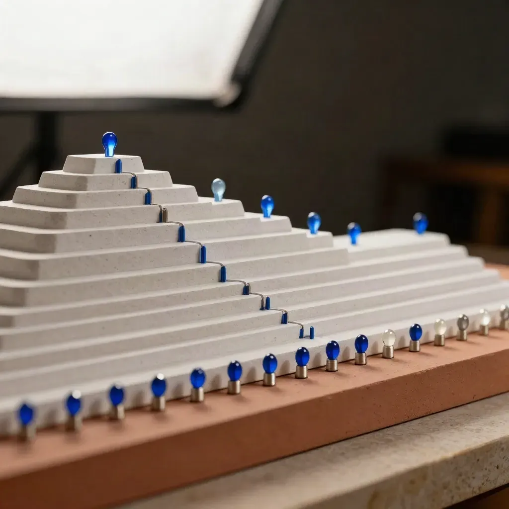 Maquette architecturale de croissance à niveaux empilés, marqueurs cobalt sur base terracotta.