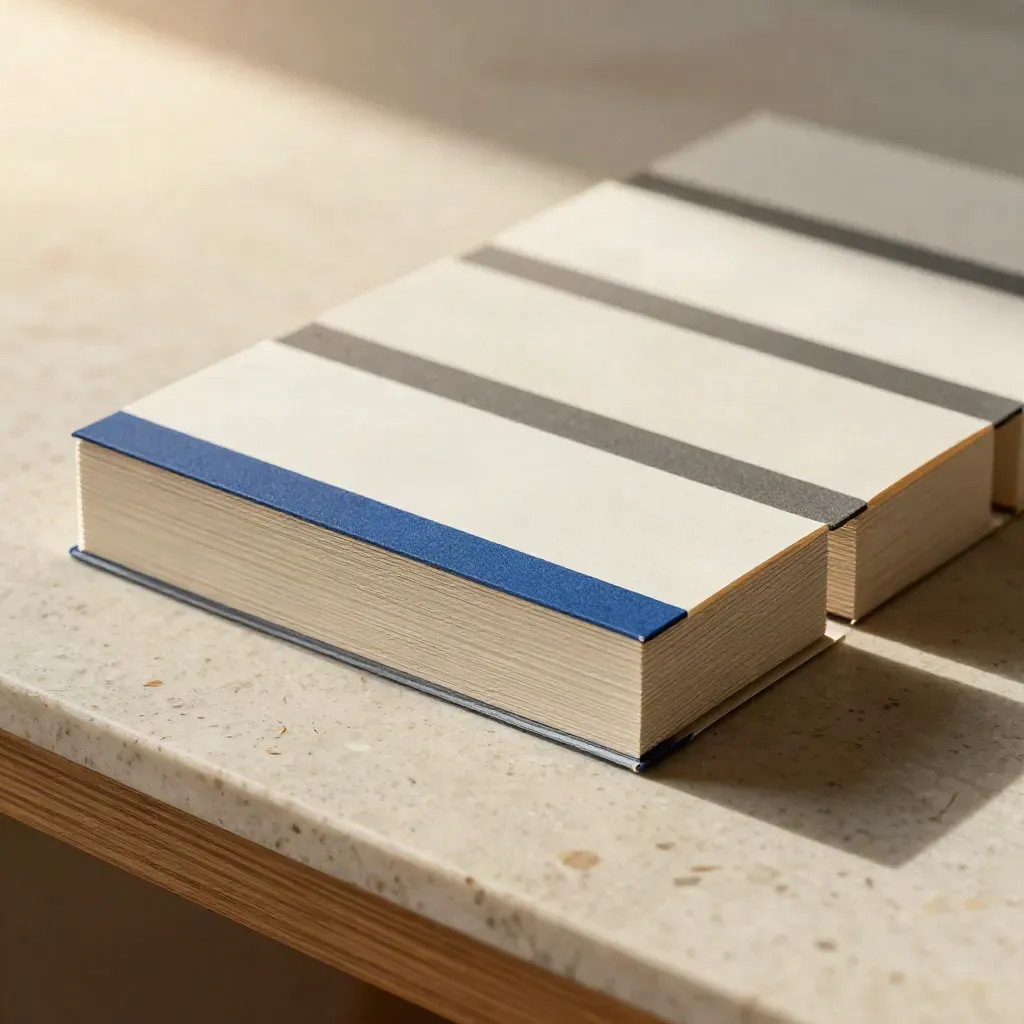 Trois prototypes de consulting rangés, un seul avancé, sur travertin clair avec une touche cobalt.
