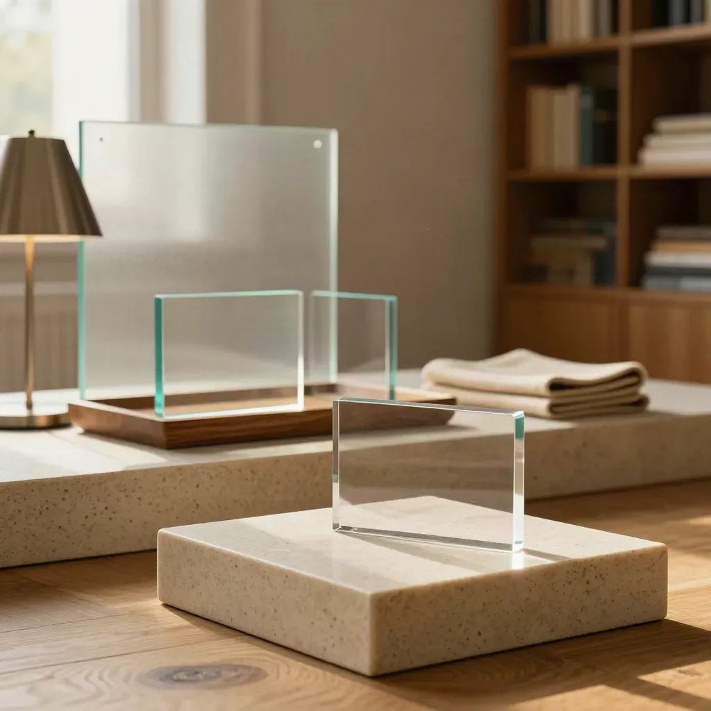 Trois blocs de scénario en acrylique clair sur socle, dans un coin de conseil chaleureux.