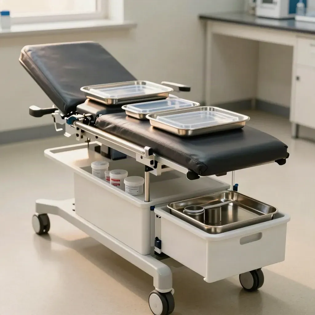 Bench médical de développement, plateaux stériles et modules alignés dans une lumière clinique.