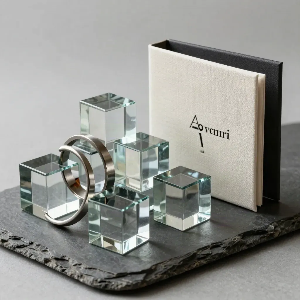 Cubes de scénario en verre fumé, anneau acier et boîte d’échantillons sur une pierre ardoise.