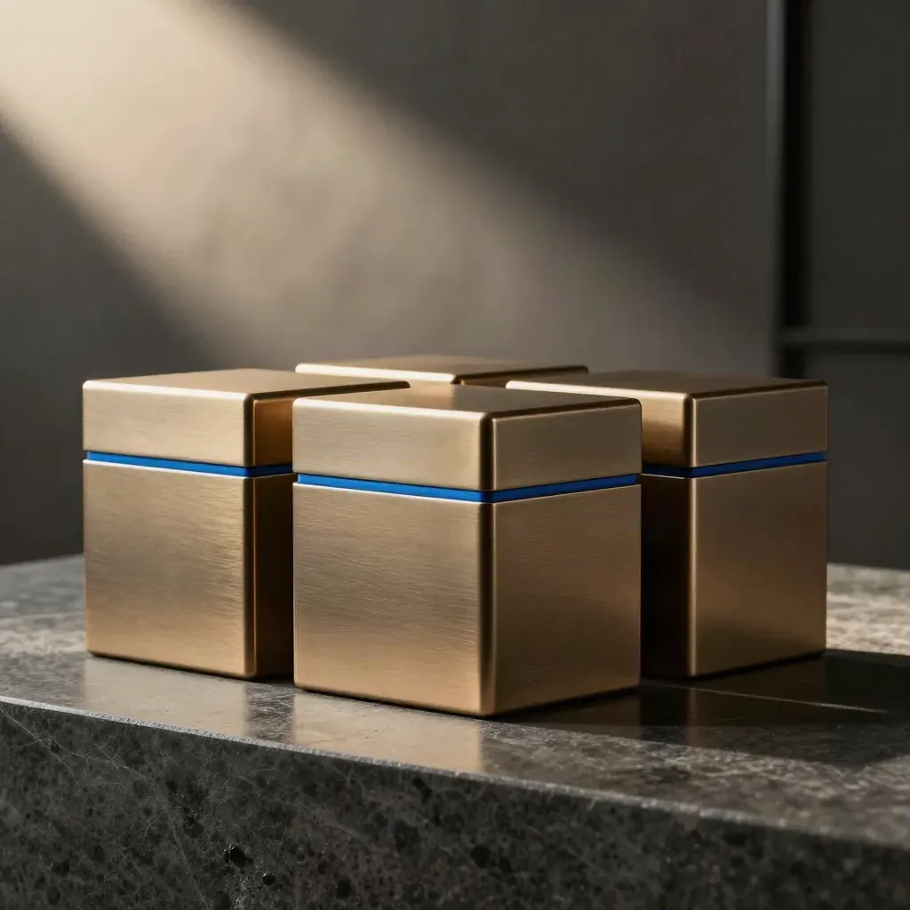 Trois coffrets scellés en bronze sous un faisceau dramatique, avec un halo bleu cobalt central.