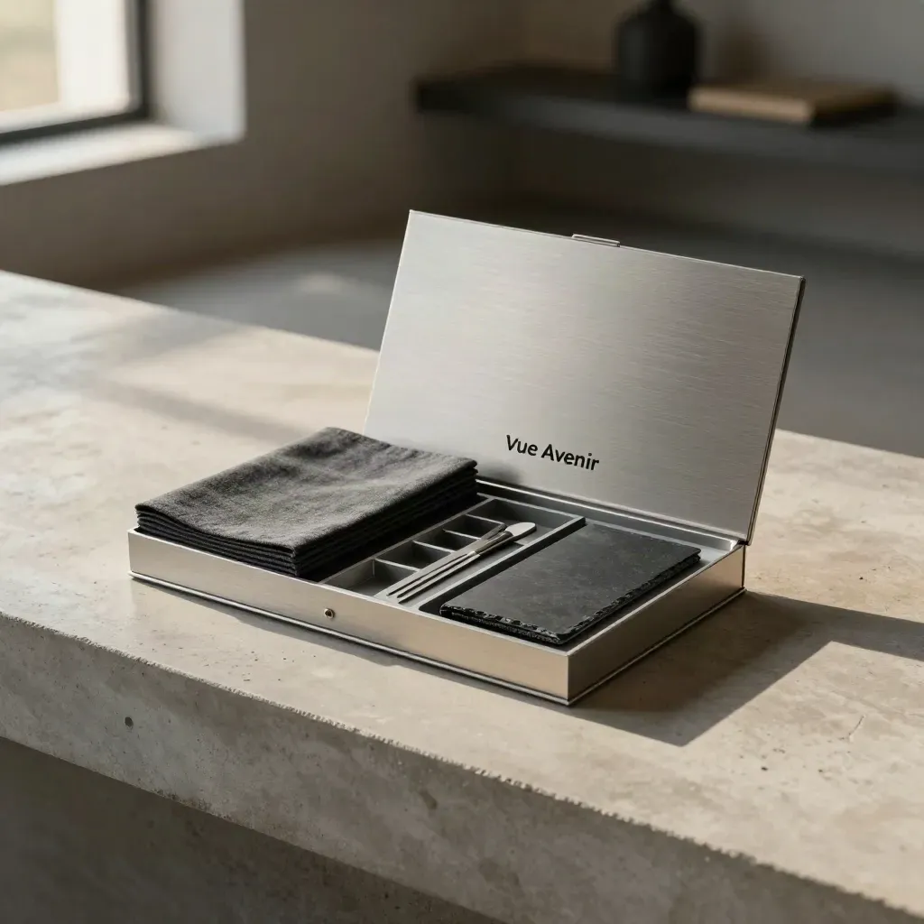 Kit de service allégé avec coffret de présentation et pochettes fermées, en lumière douce.