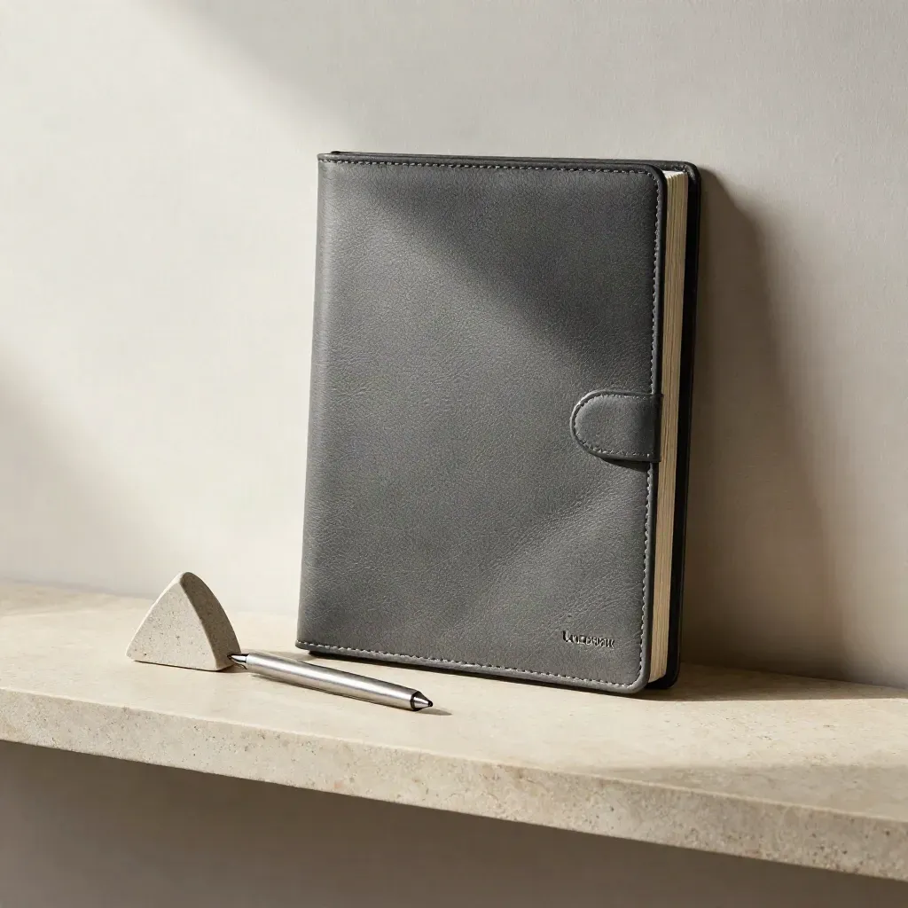 Dossier en cuir, cale de pierre et stylo métallique sur tablette claire, lumière douce.