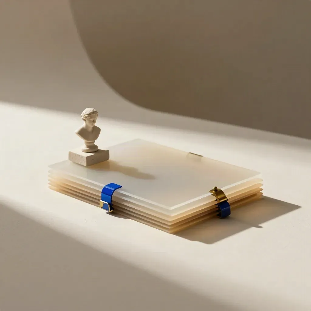 Feuilles d’acétate, socle de maquette et entretoises en laiton sur fond crème.
