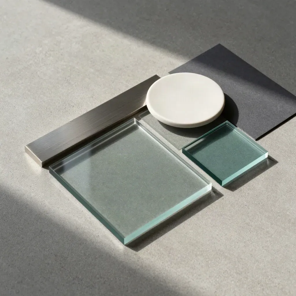 Échantillons de verre fumé, métal brossé et céramique mate sur béton, lumière douce.