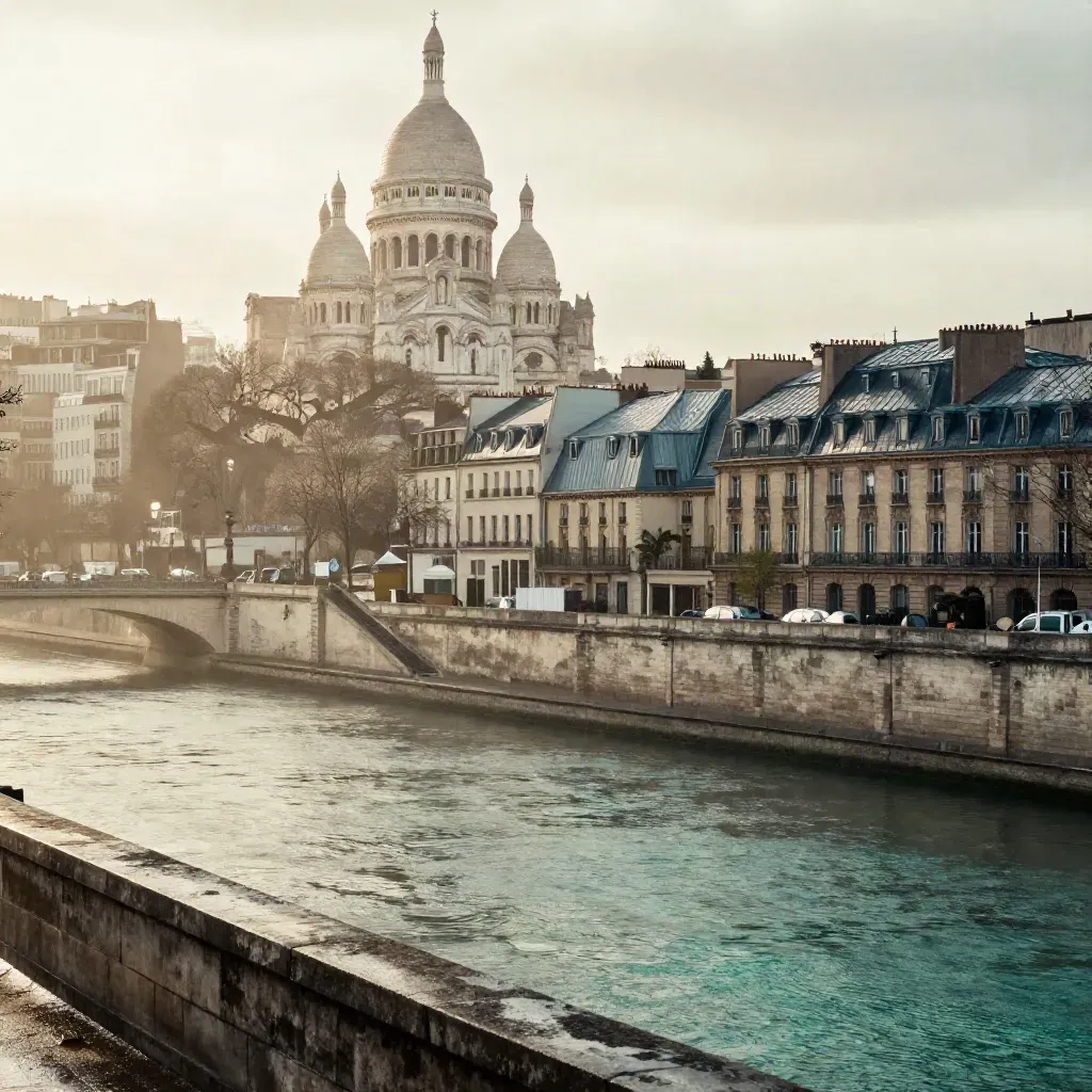 Paris après la pluie, Sacré-Cœur et la Seine dans une brume douce