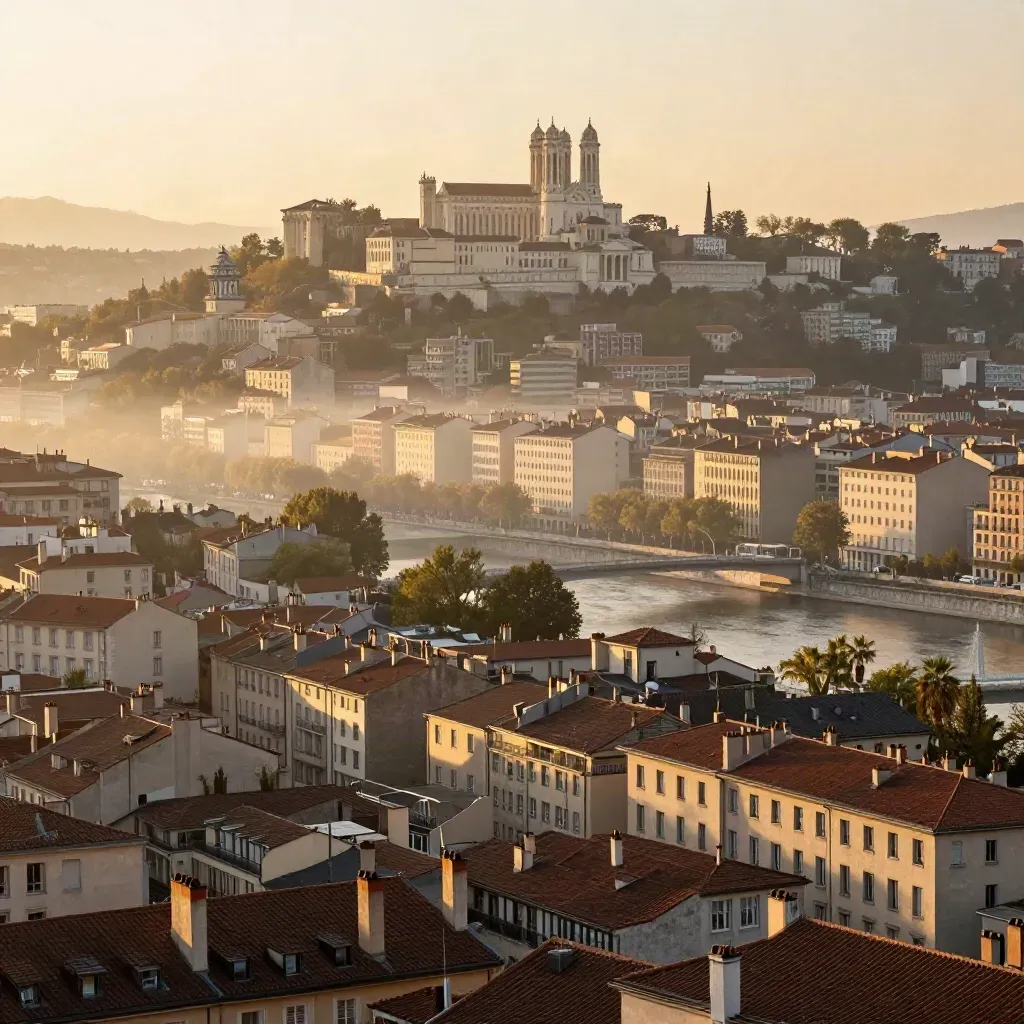 Lyon au coucher du soleil, Fourvière au-dessus de la Saône dans une brume dorée.