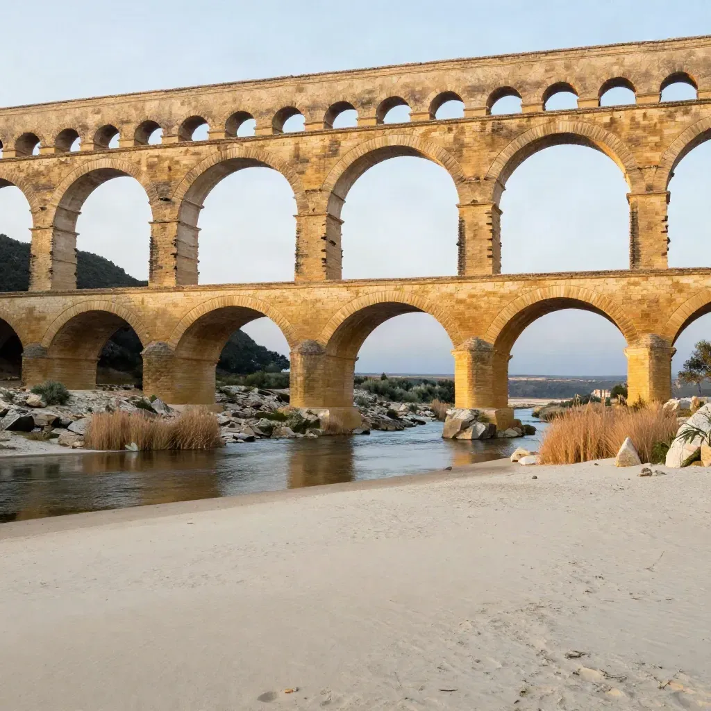 Pont du Gard au coucher du soleil, arches hautes, rivière calme et brume légère.