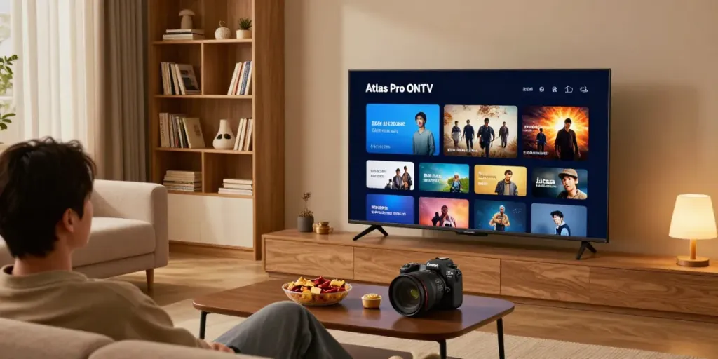 Profitez de l'application Atlas Pro ONTV dans un salon moderne avec un grand écran et une ambiance chaleureuse.